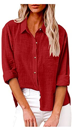 Générique Chemise Femme,Chemise en Lin de Coton à Manches Longues avec Col Boutonné et Patte Couleur Unie Lâche Respirant T-Shirts Grande Taille Pas Casual Tunique Blouse avec Poche Rouge Chemisier L
