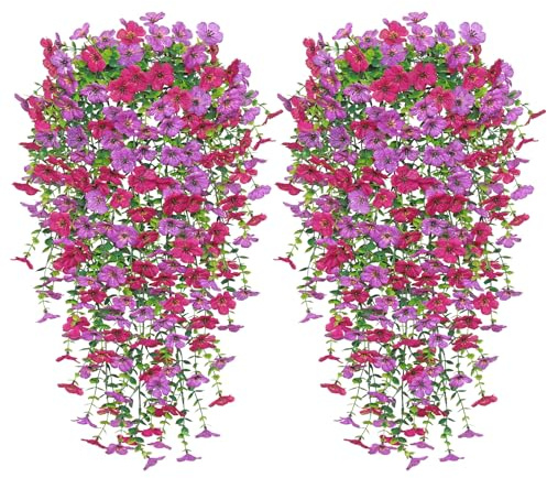 Betylifoy Kunstblumen Hängend 4 Stück Kunstblumen Outdoor Wetterfest | Künstliche Hängepflanzen wie Echt 76cm Lang Künstliche Pflanzen UV-Beständig für Draußen Garten Hochzeit (Violett&Rosenrot)