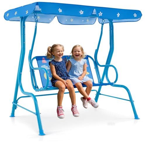 COSTWAY Kinder Hollywoodschaukel, 2-Sitzer Kinderschaukel mit verstellbarem Sonnendach & Metallgestell, Gartenschaukel mit Sicherheitsgurten, Schaukelbank Gartenbank für Kinder (Blau)