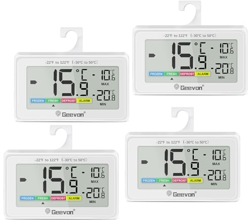 Kylskåpstermometer, digital mini, IP65 vattentät, för kylskåp, frys, inomhustermostat med LCD-skärm, stativ, magnetisk baksida Max Min inspelning (8707A-WH-4)