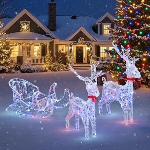 YITAHOME 2-Deer & Sleigh Christmas Reindeer Set with 150 RGB LEDs & RF Remote, Pre-Lit Light Up Deer Decoration Set with Detachable Antlers and Neck for Indoor & Outdoor Holiday Display