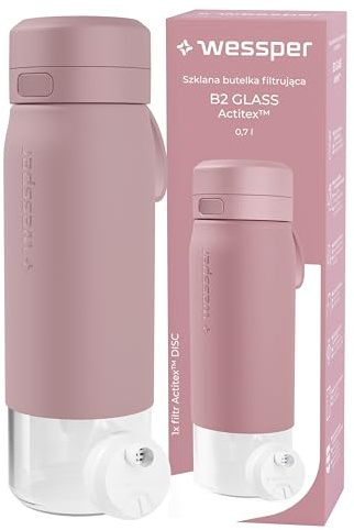 Wessper Gourde Filtrante, 700 ml, Gourde en Verre Borosilicaté, avec FIltre Actitex DISC, Compteur de Femplacement du filtre a eau Intégré, Réduit le Chlore, BPA FREE - Rose