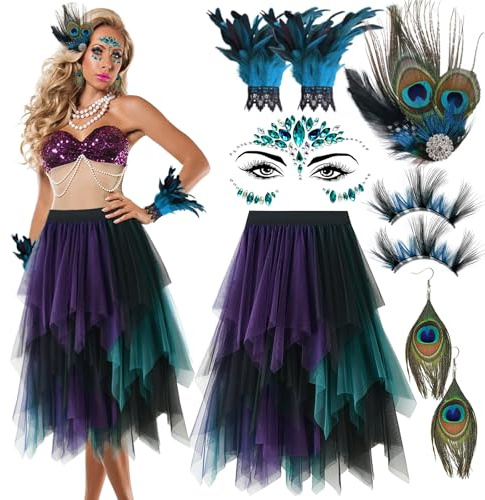 Pfau Kostüm Damen Tüllrock Set mit Karneval Pfauen Kostüm Pfau Damen Accessoires Pfauenfedern kopfschmuck Handschuhe Ohrringe Tattoo Accessoires Vogel Pfauen Faschingskostüme Frauen Mottoparty Cosplay