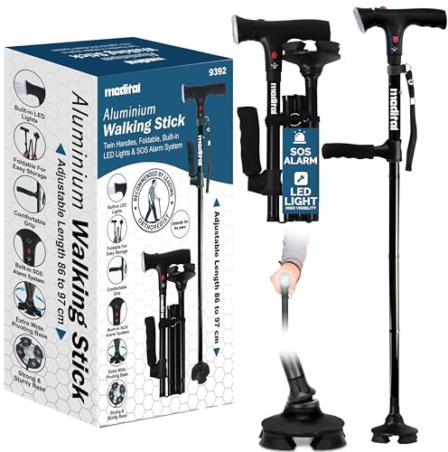 MEDITAL Folding Walking Stick with SOS Alarm & LED Light - 86-97cm Adjustable Aluminum Foldable Walking Stick for Men & Women - Stable Walking Cane Non-Slip Base Supports up to 113kg