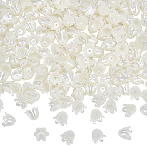 SOFPLATE 1 caja de 200 cuentas de Flor de Lirio Blanco Cuentas Acrílicas de Campanilla Cuentas Sueltas con Forma de Trompeta de Lirio de los Valles Tapas Espaciadoras para Hacer Joyas Pulseras Pendien