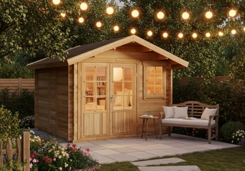 Alpholz Gartenhaus Set Palermo 331x331cm Natur mit Boden & Dacheind. | aus Holz (Nordische Fichte), Blockbohlenbauweise, Satteldach