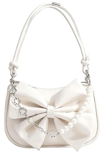 Rosqmor Umhängetasche Damen Klein Weiß, Schultertasche PU Leder Handtasche für Women Teenager, Vintage Schleifendetail Shoulder Bag für Date, Shopping, Reisen, Party