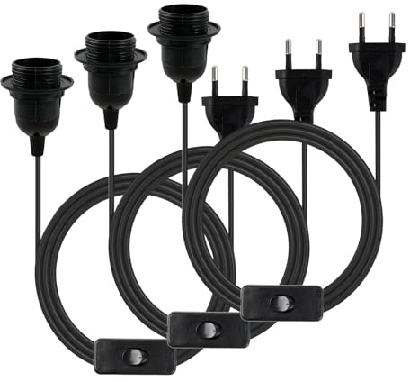 3 PCS Douille e27 avec Cable, Douille e 27 avec Cable et Interrupteur, Support Lampe E27 Noir avec Fil 1,8 m, Douille E27 avec Câble pour Ampoule à Vis, Suspension Luminaire Intérieur