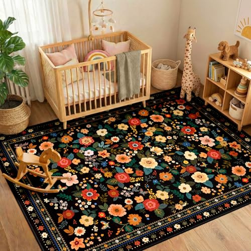 INOVADAY Washable Rug Floral Print 90x150 cm Black Living Room Rug | Bedroom, Kitchen, Dining Room, Hallway, Bedside, Home Office, Indoor, Vintage, Boho, Non-Slip, Low Pile, Soft, Easy to Clean
