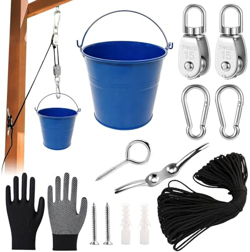 Pulley with Metal Bucket, Play Tower Accessories, Accessories for Tree House Play Tower, Pulley with Bucket, Pulley System, Pulley with Bucket Cable, with Metal Bucket, Tree House Garden