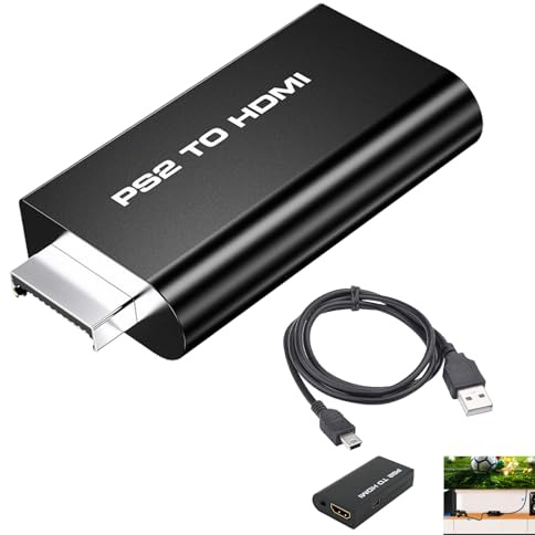 PS2 HDMI Adapter, PS2 to HDMI Converter, 3.5mm Audio Output, Plug & Play Adapter for Fat Models, 480i, 576i, 480p Display, Video Output for HDTV Monitors Projectors, Compatible with All PS 2 Models