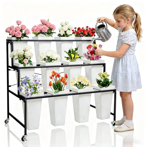 3-Tier Metal Flower Display Stand, Heavy Duty Mobile Flower Plant Cart with 12 Buckets & Lockable Wheels, Rolling Florist Bouquet Shelf, Flower Bar Stand for Florist, Garden (black, 39.4*23.5*33.5in)