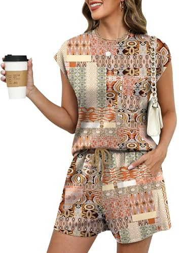 Rapbin Tuta da donna in due pezzi, abbigliamento da casa, casual, estivo, con maniche ad aletta e pantaloncini, con tasche e coulisse, Stampa etnica, XL