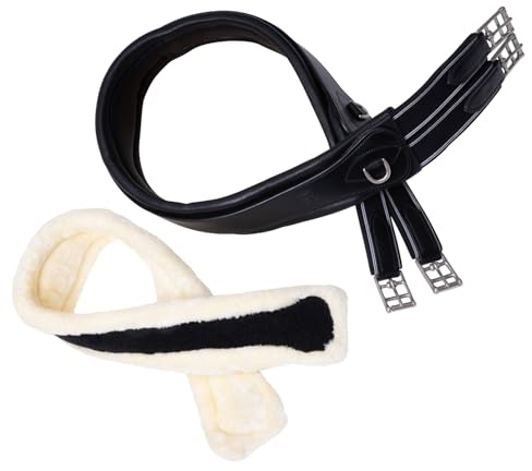 SUNRIDE 2in1 Sattelgurt mit Fell für Pferde (SohoFlex) - DualChange System - Echtleder - D-Ringe für Hilfszügel - Handgefertigt - elastische Einsätze - Rollschnallen - schwarz (125 cm)