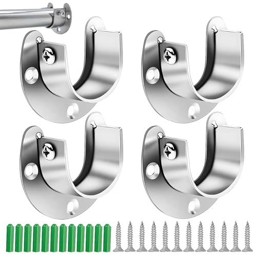 4 Pack Wardrobe Rail Bracket, 25mm Flange Rod Holder, U Shaped Stainless Steel Curtain Pole Brackets with Screws for Wardrobe Shower Bathroom Kitchen (Silver)