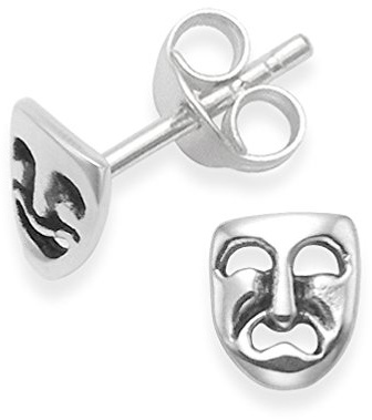Sterling Silver Comedy and tragedy Earrings - Drama Masks Stud Earrings - SIZE: SMALL 6mm x 5mm. MUCH SMALLER THAN SHOWN (note how large the post is). Gift boxed. 5252