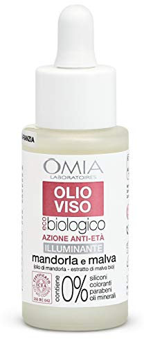 Omia, Olio Viso Eco Bio Antietà e Illuminante, Olio Antirughe con Mandorla e Malva per Pelli Normali, Secche e Sensibili, Effetto Antimacchia e Antirughe, Dermatologicamente Testato - 30 ml