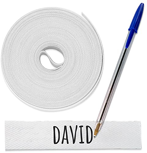 1 Rotolo di nastro in tessuto da 3 metri x 1cm, di colore bianco Etichetta termoadesiva personalizzabile con scritte. Include una penna.