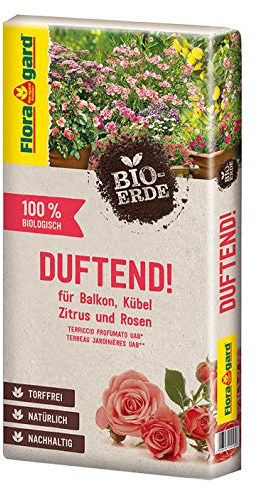 Floragard Bio-Erde Duftend 1x40 Liter - für Rosen, Balkonpflanzen, Kübelpflanzen und Zitruspflanzen - torffrei und Bio, Erdfarben