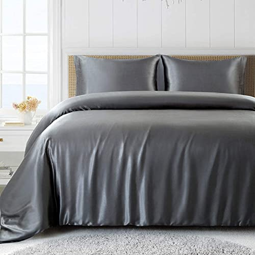 CoutureBridal Housse de Couette 220x240cm + 2 taie d'oreiller 65x65cm Gris Parures de lit Ado Adulte 2 Personne Satin la Soie Lisse Linge de lit