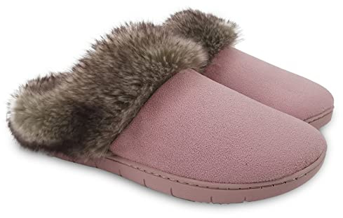 ofoot Kvinnors vinter varma mockasiner mocka pantoletter tofflor hus slip-on pälsskor mysiga fleece kabelstickade fodrad tjockt minnesskum hård sula för inomhus utomhus, Rosa, 37/38 EU