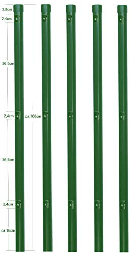 5x Metallzaunpfosten Ø34 mm, 100 cm, Pulverbeschichtet RAL 6005 Moosgrün, inkl. 3 Spanndrahthalter & Pfostenkappe, für Maschendrahtzaun bis 80 cm, Garten, Tiergehege, Zubehör erhältlich