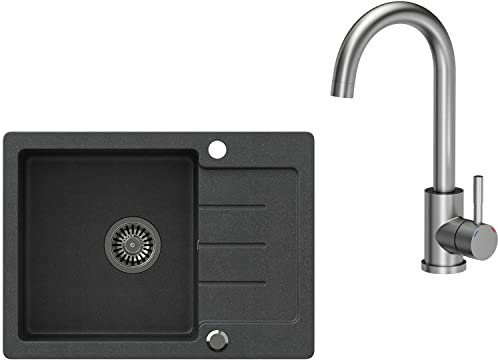 VBChome Granitspüle Schwarz mit Armatur 56x46 Einzelbecken Einbauspüle Gesprenkelt Reversibel Modern Verbundspüle + Siphon Waschbecke