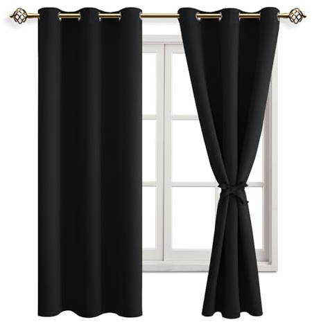 JIUZHEN Verdunklung Vorhänge Blickdicht Ösen Kurz Schwarz 137x117cm(HxB) | 2er Set Thermo Vorhang gegen Kälte und Hitze Verdunklungsgardinen mit Raffhalter Schlafzimmer Ösenschal Curtains Blackout