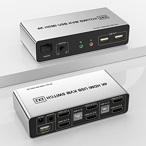 Arkidyn Plus KVM Switch Dual Monitor HDMI 2 Port, Supports EDID, 4K@60Hz, Push Button & Remote Control, ON-OFF Operation