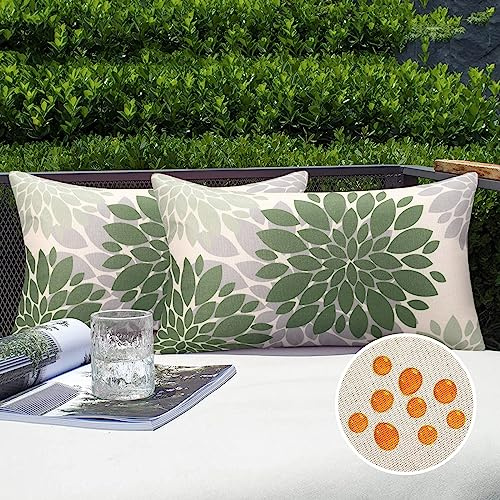 Serento Kissenbezug 30x50 Kissenbezug Grün Sofakissen Outdoor wasserdichte Dekokissen Leinen Kissenhülle Boho Abstrakt Dahlie Blume für Wohnzimmer Schlafzimmer Garten Sofa Couch Kissen Dekor 2er Set