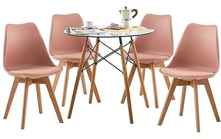 FURNITABLE Essgruppe Runder Glastisch mit 4 Rosa Stühlen für Esszimmer Wohnzimmer Cafe BüroKüche Schlafzimmer Nordischen praktisch Tisch und Stühle Set
