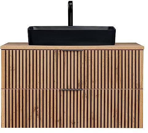 Lomadox Badezimmer Waschtisch schwarz gerillt Unterschrank 100 cm mit Aufsatzwaschbecken Keramik Waschbecken anthrazit Eiche Nb. B/H/T 100,6x70,2x46,5 cm