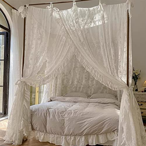 UNICOKA Eleganter Spitzen-Prinzessinnen-4-Eckpfosten, romantisch für Mädchen und Frauen, Bettvorhang, Baldachin für Erwachsene, Hochzeit, Schlafzimmer, Kinderzimmer, Dekoration (Typ 3, Beige-Weiß, Q