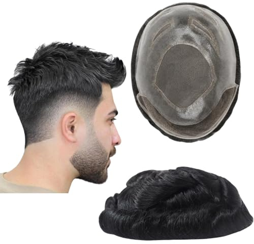 Toupee for Men Human Hair Wigs Mens Toupee European Virgin Human Hair Units Curly Wave Mens Wig Toupee Hair Real Human Replacement System for Man FPM Prosthesis Units Patch #1B Off Black (6x8)