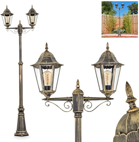 HOFSTEIN Kandelaber Hongkong, Außenwegeleuchte aus Metall/Glas in Braun/Gold/Klar, Wegeleuchte im Landhaus/Antik/Retro/Vintage-Design für Garten, Außenbereich, Hof, Höhe max. 245 cm, 2 x E27, IP44