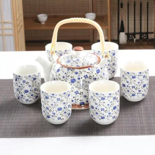 TAMTAK Service à thé en céramique créatif, 1 Pot, 6 Tasses, théière Faite à la Main, Tasse en Porcelaine Chinoise, Cadeau, Service à thé Floral Kung Fu, Service à thé de Voyage pour Le Bureau