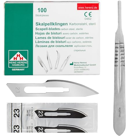 Set - 100 Stück sterile Skalpellklingen Figur 23 aus Karbonstahl - Ersatzklingen + 1 x Shehadeh - Skalpell-Halter - Edelstahl
