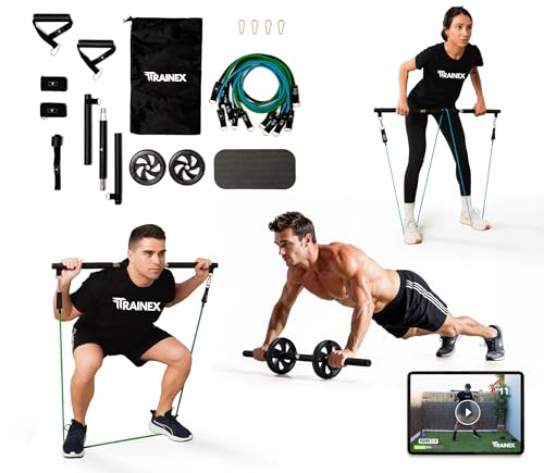 Bandas Elásticas de Musculación con Barra | Gomas de Resistencia hasta 100 kg | Kit de Entrenamiento en Casa Completo | TRAINEX