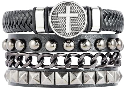 Eigso 2 Pcs Punk Leder Kette Manschette Armbänder für Mann Frau Retro Vintage Kreuz Armbänder für Männer Frauen