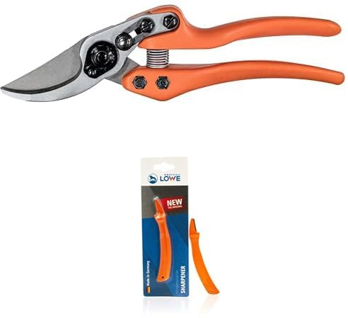 Original LÖWE Set bestehend aus Bypass Schere 11.107 für präzise Schnitte an Blumen, Zweigen oder Obtsbäumen & Klingenschärfer 0022 für Gartenscheren und Industriescheren
