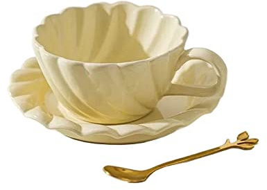 KONVER Tasse à café Vintage Tasse en céramique Tasse à thé au Lait et Soucoupe Ensemble avec poignée Tasse de Petit déjeuner Cappuccino, Cadeau à Motif fileté