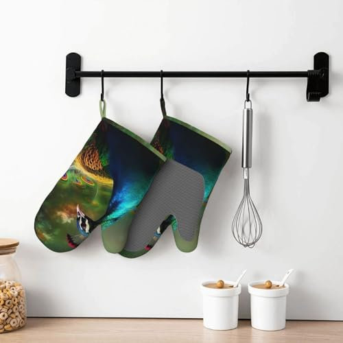 Ofenhandschuhe, Silikon, hitzebeständig, rutschfest, bunt, Pfau, Küchenhandschuhe, wasserdicht, Grillhandschuhe, weiches Futter, Kochhandschuhe für Damen und Herren, Backen, Grillen