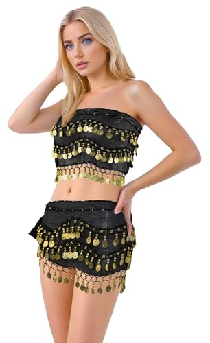 Baisdan Belly Dance Hip Scarf 2 Piece, Belly Dance Skirt and Top Set, Dancing Coin Skirts for Women, Halloween Costume, 2Pack, Black