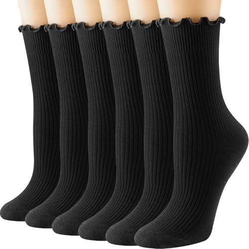 DRESHOW 6 Paires Chaussettes à Volant Femme - Chaussettes de Cheville Décontractées en Coton Tricotées Respirantes