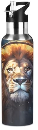 Dessin Animé Pop Star Lion Animal Bouteille d'eau Isotherme avec Paille en Acier Inoxydable Gourde, Sans BPA Gourdes Eau pour Enfant Sport Randonnée École Bureau (600ml/1L)