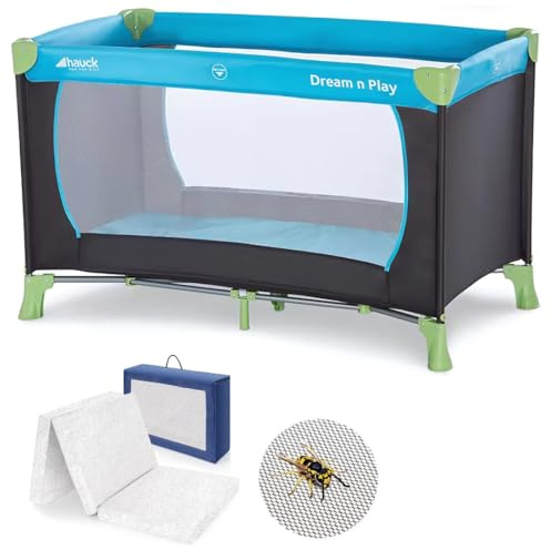 hauck Dream N Play Set Cuna de Viaje para Bebé con Colchón y Mosquitera - Parque Plegable Portátil para Recién Nacido o Niño - Cama Auxiliar con Bolsa de Transporte – Azul