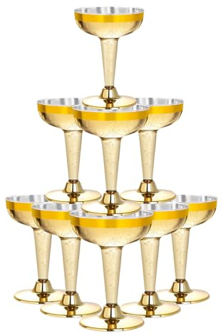 Lullaby 50PCS 5oz Plastic Champagne Coupe Glasses with Gold Rim, Elegant Plastic Champagne Glasses, Unbreakable and Crystal Clear, Perfect for Weddings, Parties, Birthdays, and Special Occasions