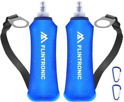 flintronic TPU Faltbarer Trinkflaschen, 2 Stück 500ml Soft Flask mit Handschlaufe und Karabiner, BPA-Frei Sportflasche für Trinkrucksack, Fahrrad, Wandern, Joggen,Camping und Klettern (Blau)