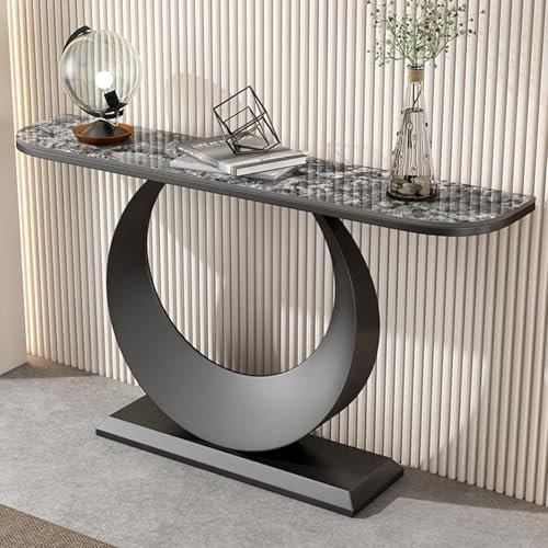 Moderno tavolino nero a mezzaluna, resistente ai graffi, in ardesia/metallo, tavolo da ingresso per divano dietro il divano, 120 x 30 x 80 cm