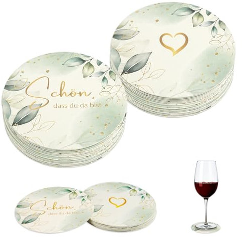 30 Stück Bierdeckel, Untersetzer Schön DASS du da bist Rund 10cm,Eukalyptus Glasuntersetzer für Hochzeit Geburtstag Gartenparty Tischdeko